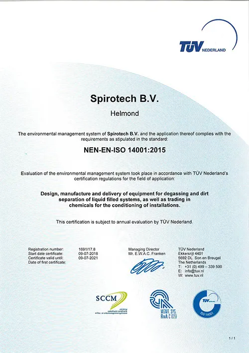 Spirotech ISO 14001 - TUV Certificat