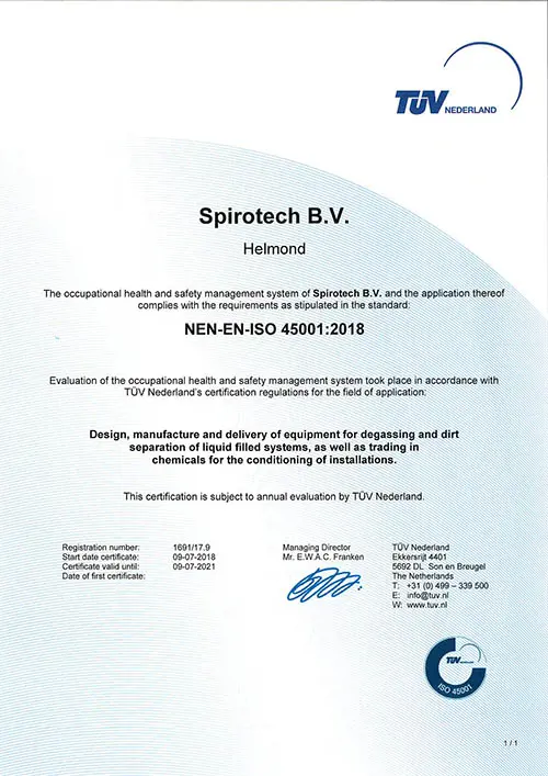 Spirotech ISO 45001 - TUV Certificat